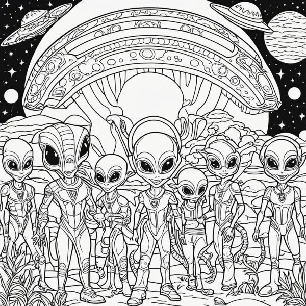 Group of cute cartoon aliens with a large ufo, sci-fi space scene — free printable aliens coloring book page