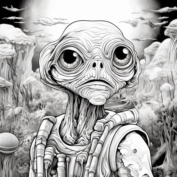 Sci-fi alien with large expressive eyes, realistic sketch style — free printable aliens coloring book page