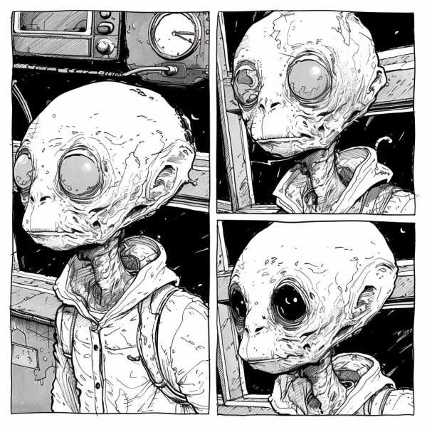 Three-panel comic style big-eyed aliens wearing hooded jacket with backpack, sci-fi theme — free printable aliens coloring book page