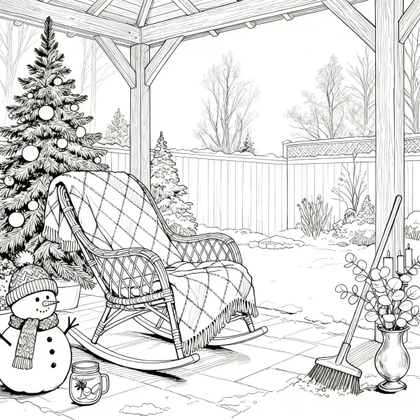 Winter courtyard with christmas tree and snowman, rocking chair covered with plaid blanket — free printable family life coloring book page
