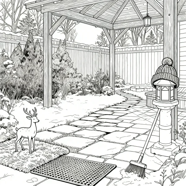 Winter courtyard with a small deer, realistic line art style — free printable yard life coloring book page