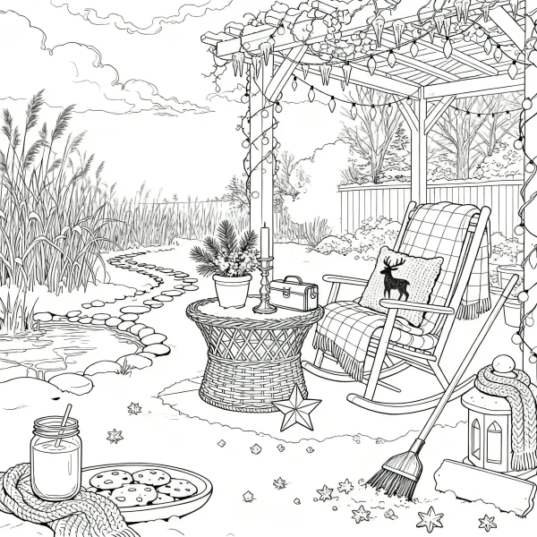Cozy winter backyard corner scene, realistic  detailed outdoor patio with rocking chair — free printable courtyard coloring book page