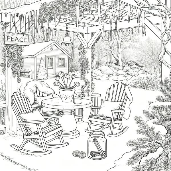 Winter backyard patio resting scene with rocking chairs, round table and small house — free printable yard life coloring book page
