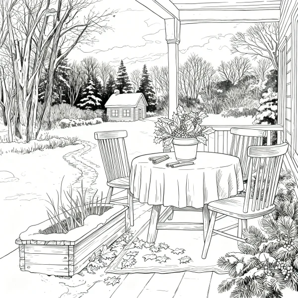 Winter patio table and chairs with rural yard scene, realistic sketch style — free coloring book page