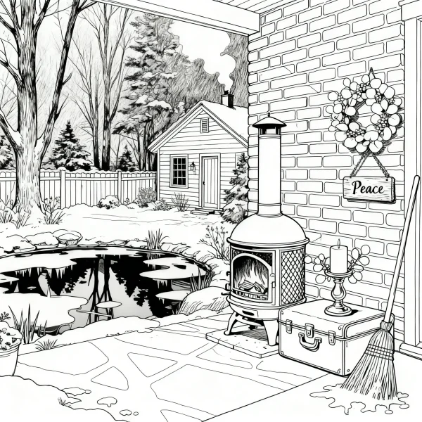 Winter courtyard outdoor scene with a wood stove, brick wall — free printable yard life coloring book page