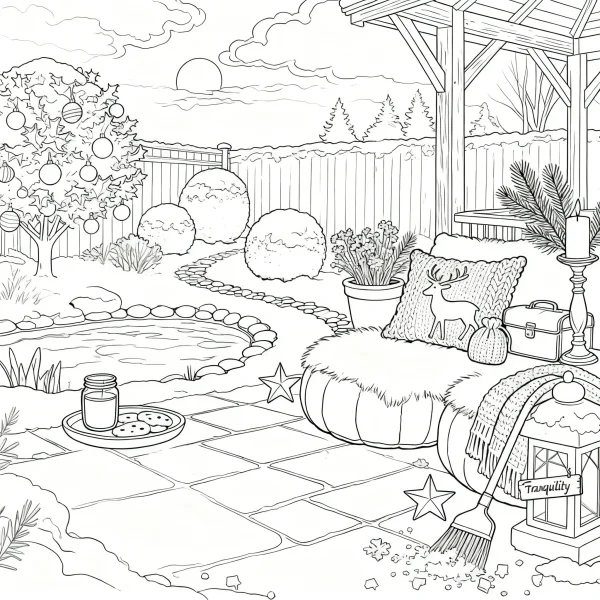 Christmas themed winter backyard patio, cozy tranquil scene with decorated christmas tree — free printable family life coloring book page