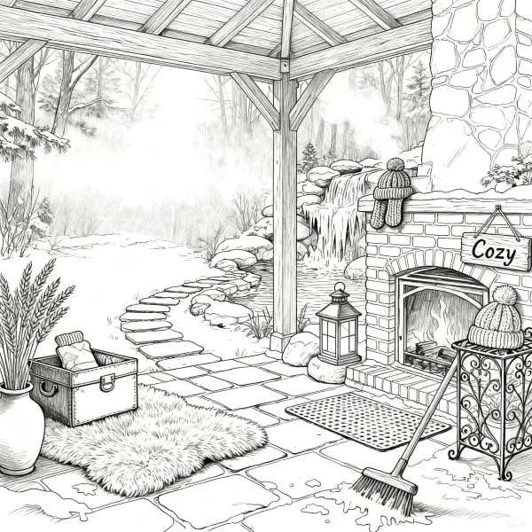 Cozy winter outdoor patio with stone fireplace, realistic line art style — free printable home leisure coloring book page
