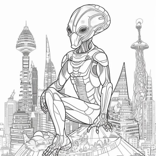 Mechanical alien with cybernetic body details, sitting on a futuristic city platform — free printable aliens coloring book page