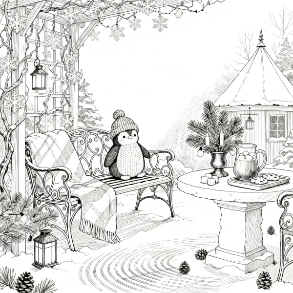 Cute cartoon penguin with knit hat sitting on an iron bench in a snow-covered winter christmas garden, fine clean outlines — free printable daily scene coloring book page