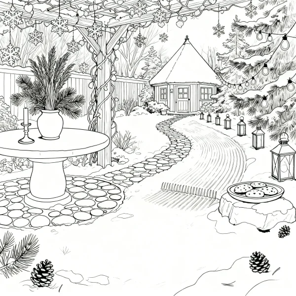 Coloring book page, winter christmas courtyard — free printable yard life coloring book page