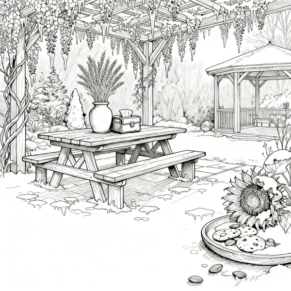 Winter courtyard outdoor leisure scene, realistic line art style — free printable courtyard coloring book page
