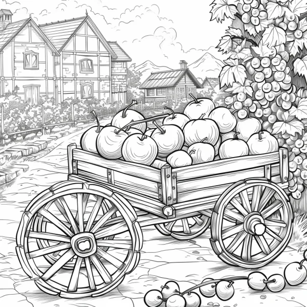 Wooden cart full of apples, rural village scene with country houses — free printable fruit coloring book page