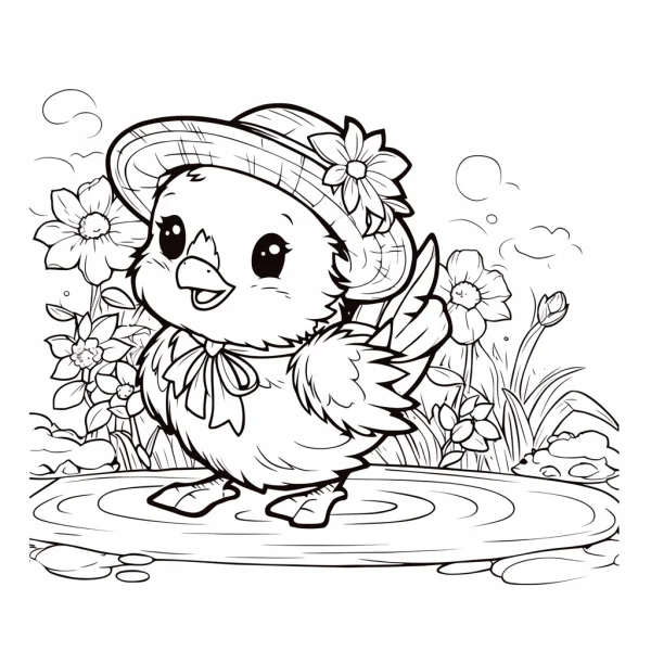 Cute cartoon chick wearing a straw hat with flower and bow tie, cartoon style — free printable innocence coloring book page