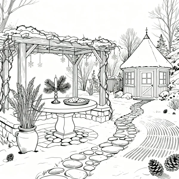 Winter courtyard with a snow-covered pergola and small cottage, christmas theme — free printable courtyard coloring book page