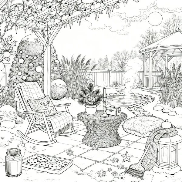 Christmas themed winter courtyard leisure scene with rocking chair, round wicker table — free printable yard life coloring book page