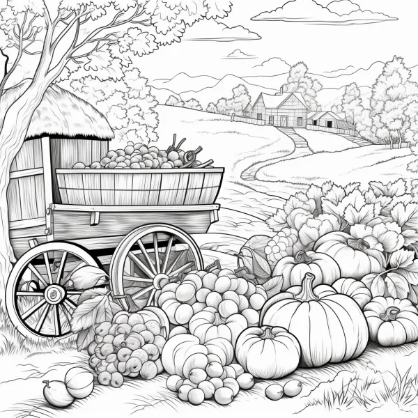 Coloring book page, harvest wooden cart with pumpkins and assorted fruits in rural countryside scene — free printable natural plants coloring book page