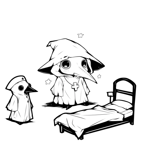 Cute chibi plague doctors, one with nurse cap and cross emblem — free printable medical coloring book page