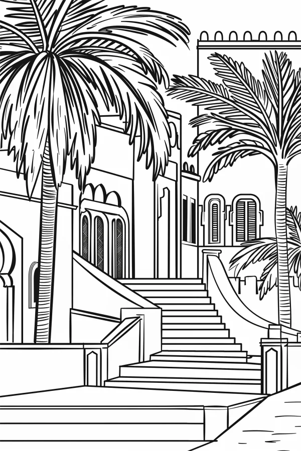 Middle eastern style building with palm trees, middle eastern architectural style — free printable middle eastern culture coloring book page