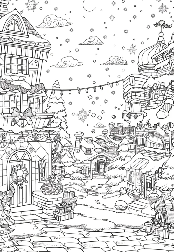 Snowy christmas town with cozy cottages, cartoon style — free printable towns coloring book page
