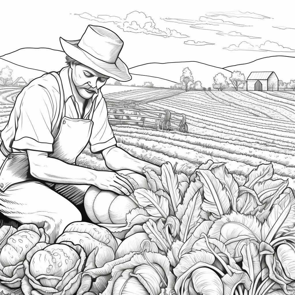 Farmer harvesting vegetables in rural field, realistic style — realistic style — moderate detail — line art coloring page — for kids and adults of all ages