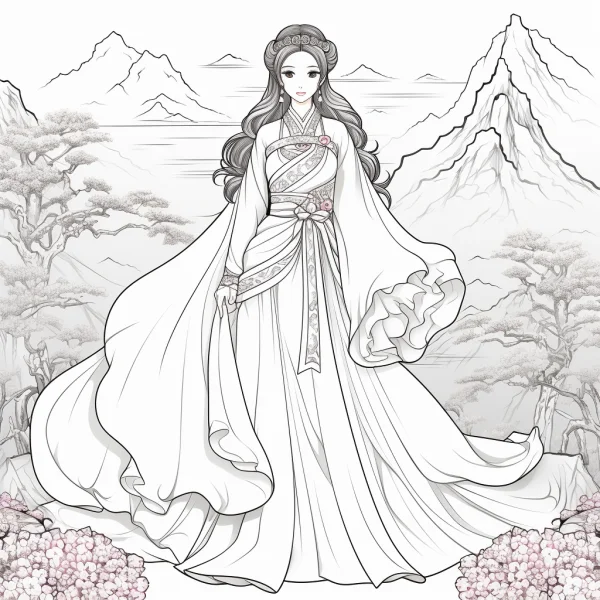 Coloring book page, chinese ancient-style lady in traditional hanfu — free printable historical figures coloring book page