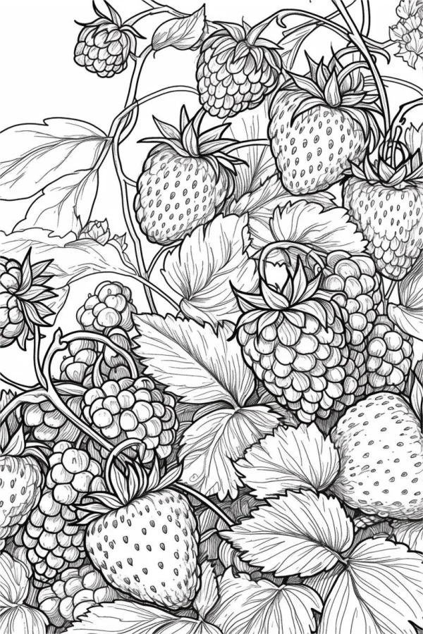 Of strawberries and raspberries with leaves, vines — free printable fruit coloring book page