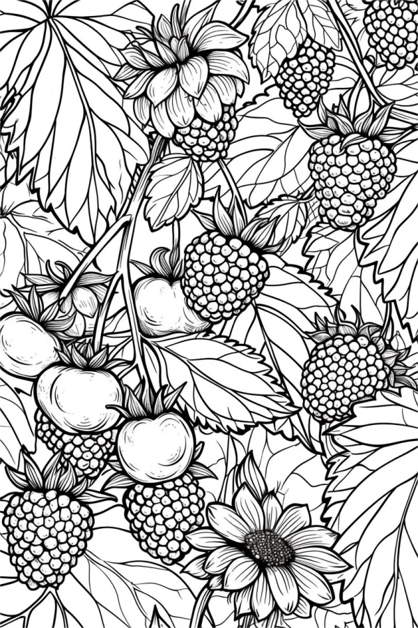 Intricate  of blackberry branches with ripe blackberries, unripe berries — free printable fruit coloring book page