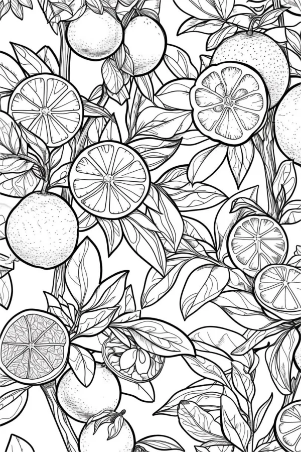 Coloring book page, citrus branches with whole and sliced oranges — free printable fruit coloring book page