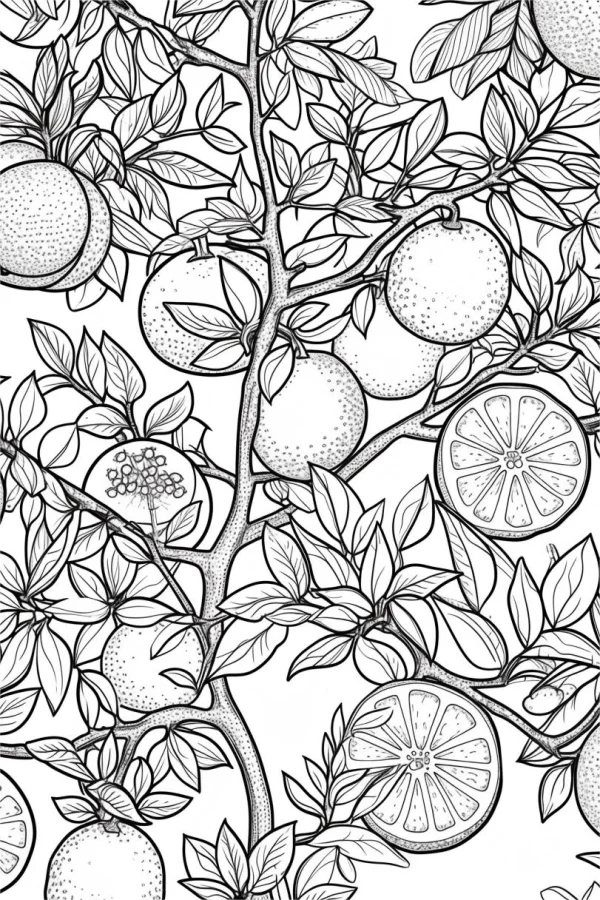 Citrus tree branches with fruits and leaves, realistic line art style — free printable fruit coloring book page