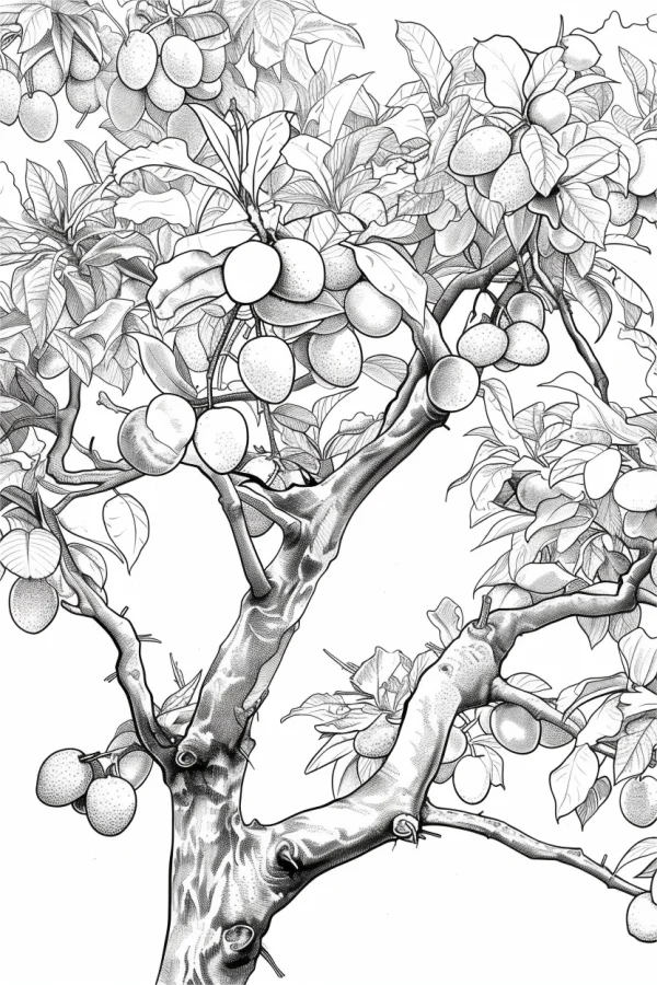 Fruit-bearing fruit tree, realistic sketch style — free printable fruit coloring book page