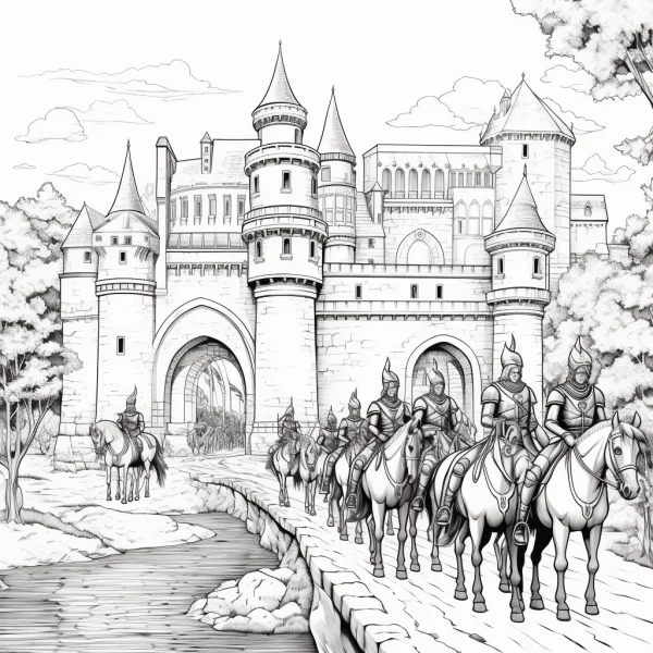 Medieval castle with a queue of knights on horseback, european medieval realistic style — free printable knight coloring book page