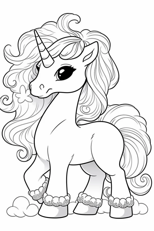 Cute unicorn with curly hair, cartoon style — free printable unicorn coloring book page