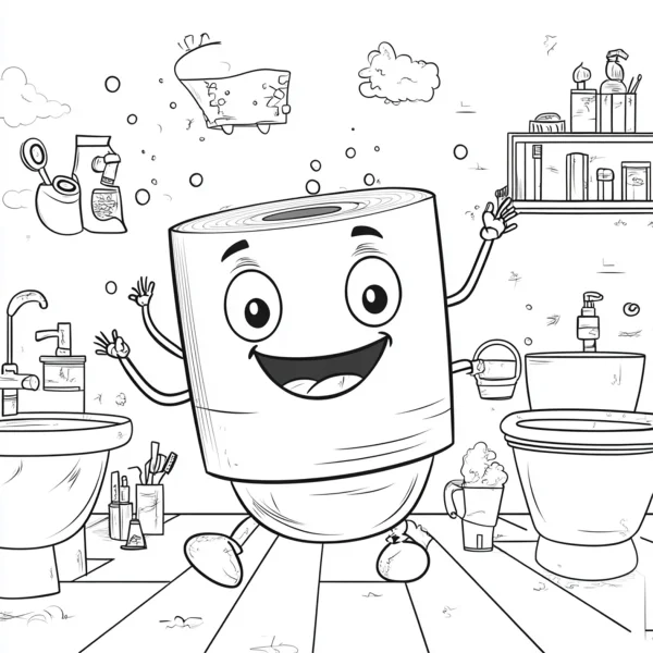 Anthropomorphic toilet paper roll, cartoon style — free printable cartoon characters coloring book page