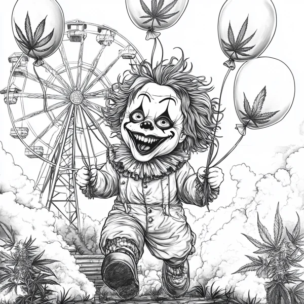 Creepy clown holding marijuana leaf balloons, horror style — free printable theme park coloring book page