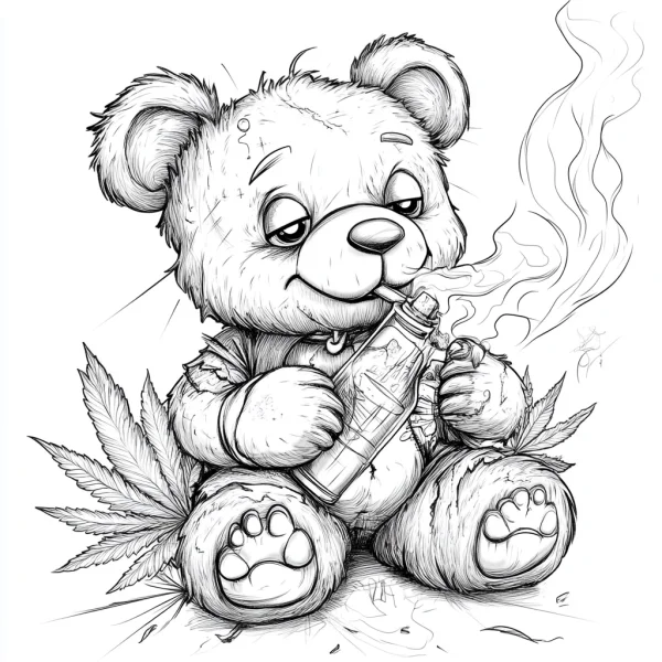 Decadent teddy bear holding a smoking pipe with cannabis leaves, cartoon sketch style — free printable alternative culture coloring book page