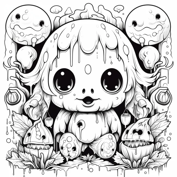 Cute cartoon fantasy little monster with big eyes, surrounded by whimsical round blob monsters and plant monsters with sharp teeth — free printable monster coloring book page