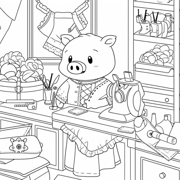 Cute cartoon pig sewing at a workbench, cartoon style — free printable diy coloring book page