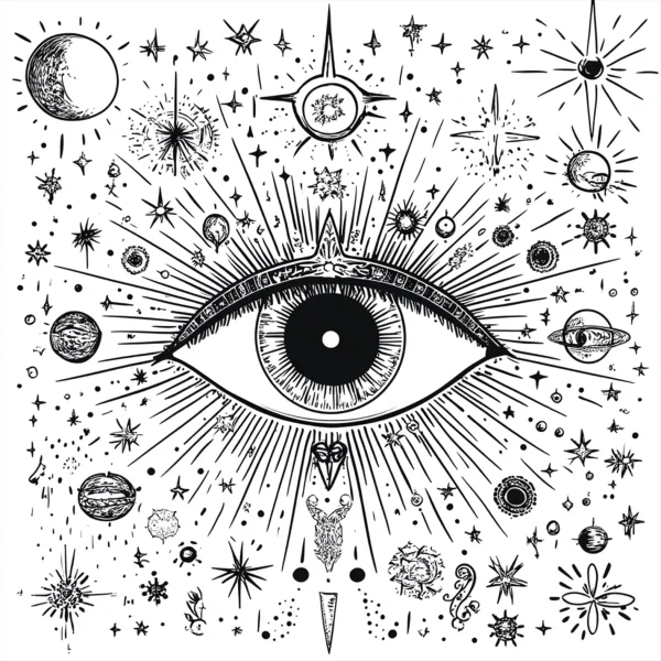 Mystery giant eye in space, fantasy abstract style — free printable universe coloring book page