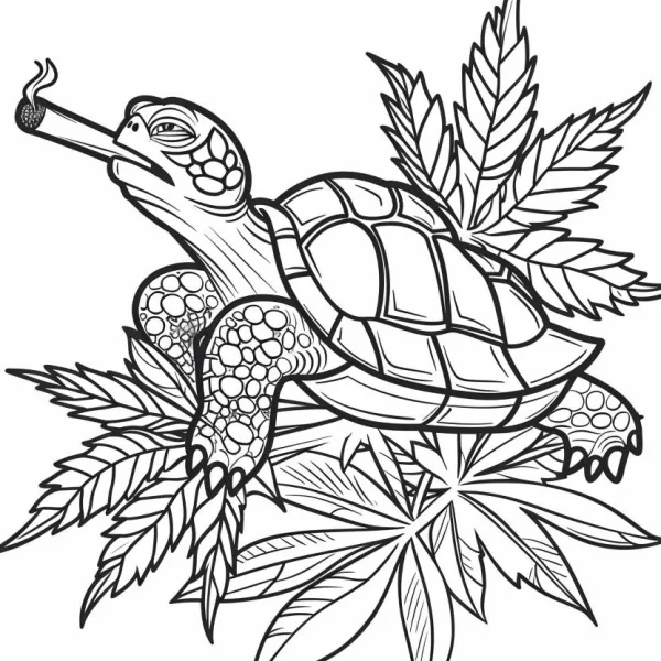 Turtle smoking a cigarette, surrounded by cannabis leaves — free printable alternative culture coloring book page