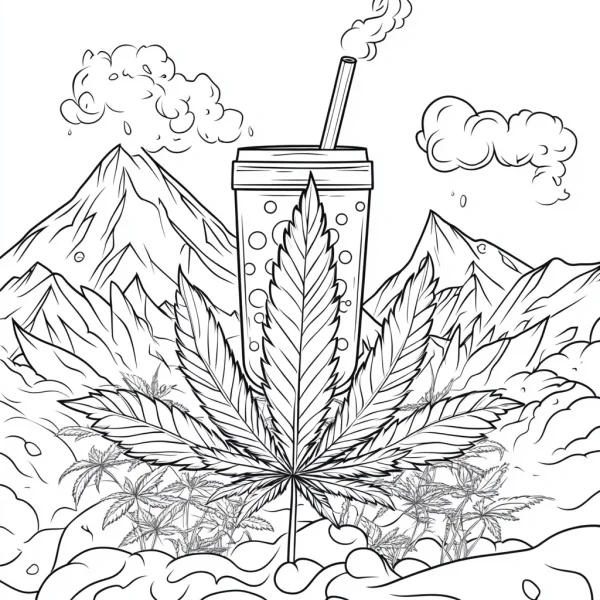 Cannabis leaf with a straw drink cup, sketch line art style — free printable beverages coloring book page