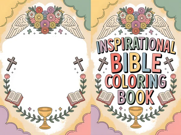 Side-by-side display of inspirational bible coloring book, left is  border with wings — free printable bible coloring book page