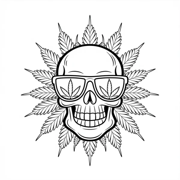 Skull wearing sunglasses with marijuana leaf lenses, surrounded by radiating marijuana leaves — free printable alternative culture coloring book page