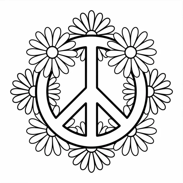 Peace symbol surrounded by daisies, minimalist style — free printable peace coloring book page
