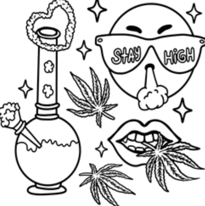 Cartoon marijuana bong and smoking emoji with cannabis leaves, cartoon style — free printable cannabis culture coloring book page