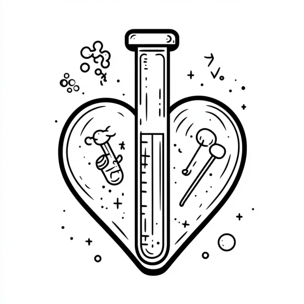 Heart-shaped frame with test tube, flask and stirring rod — free printable science experiments coloring book page