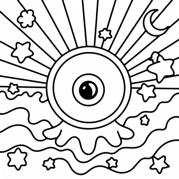 Melting magical single eye, cartoon fantasy style — free printable universe coloring book page