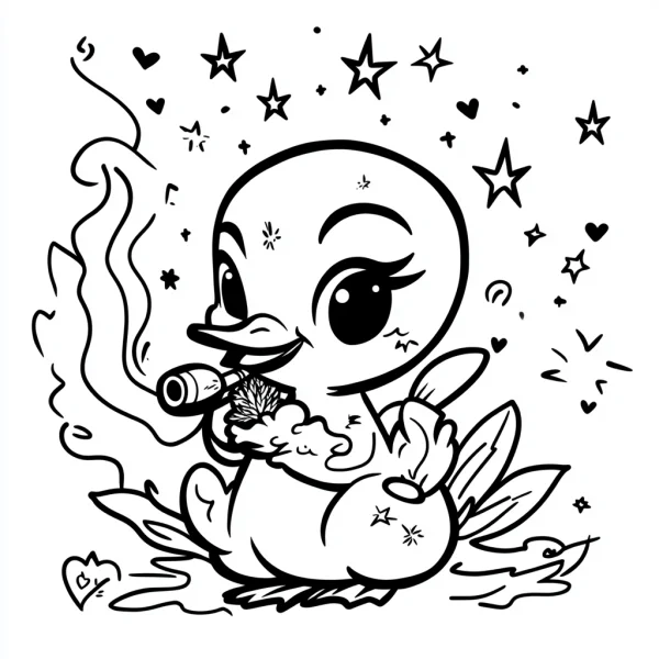 Cartoon duck with a pipe, cute cartoon style — free printable childlike coloring book page