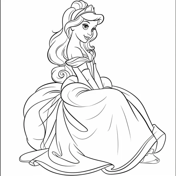 Cute cartoon princess with big gown and crown, cartoon style — free printable princess coloring book page