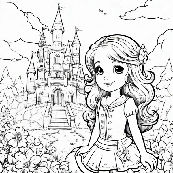 Cartoon princess with long curly hair and flower hairpin, cartoon style — free printable princess coloring book page