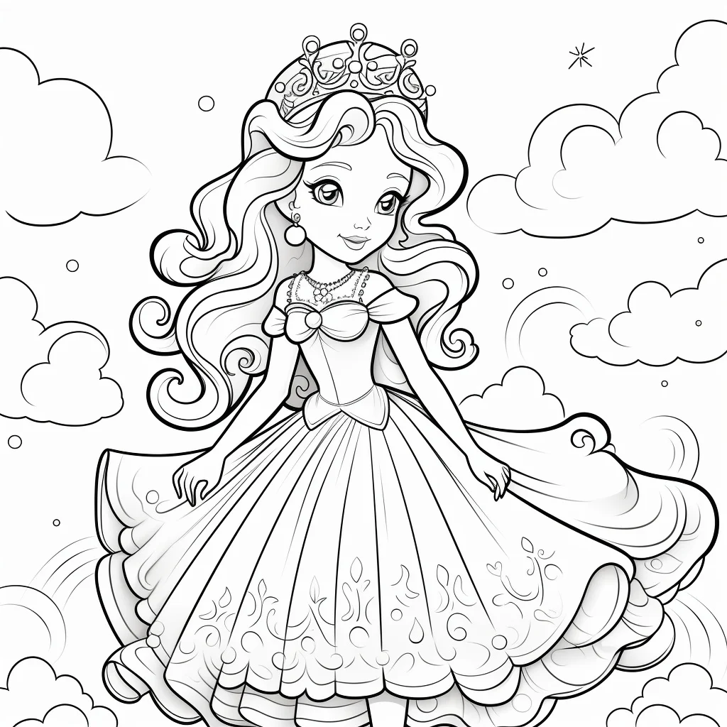 Curly-haired princess with crown, cartoon fairy tale style — cartoon style — moderate detail — line art coloring page — for kids ages 3–12